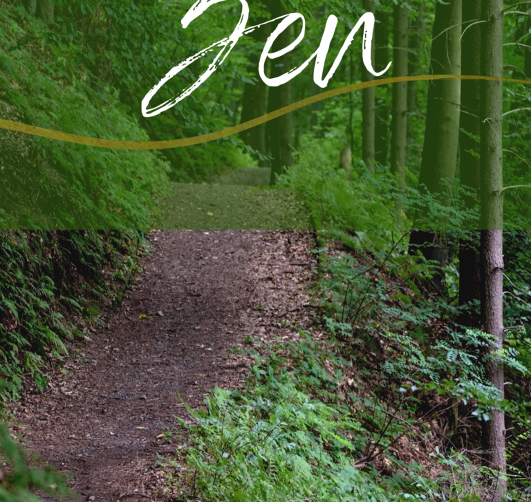 Brown dirt trail through green forest with word Zen on top of image